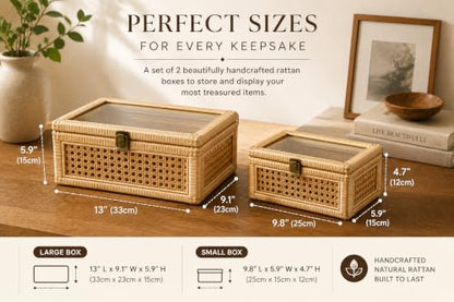 Large Set of 2 BOHO Decorative Rattan Box with a lockable Glass Top Scent Free