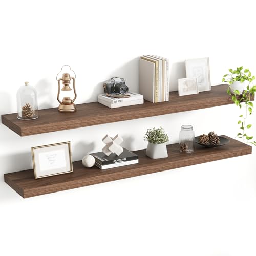 Acovy 48 Inch Floating Shelves, 8 Inch Deep Floating Shelves for Wall, Hanging Shelf with Invisible Brackets, Deep Shelves for Bathroom, Bedroom, Living Room, Walnut, Set of 2 - color: Walnut, size: 8"Wx48"L-2pcs