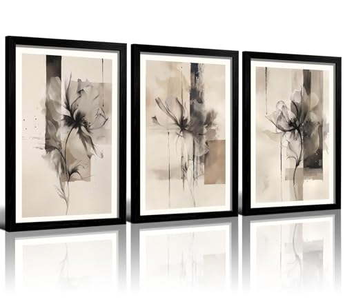 KHYEY 3 Piece Framed Abstract Floral Wall Art Set 16x24 Inch - color: black and white, size: 16x24 Inches