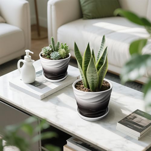 Ceramic Plant Pots, 6.7 + 5.5 Inch, Dark Gray+White - color: Dark Gray + White, size: 6.7 + 5.5 Inch-2 Pack