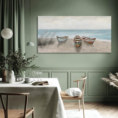 Coastal Boat Canvas Wall Art Beige Blue for Living Room 24x48 Inch - color: Blue and Brown, size: 48"L x 24"W