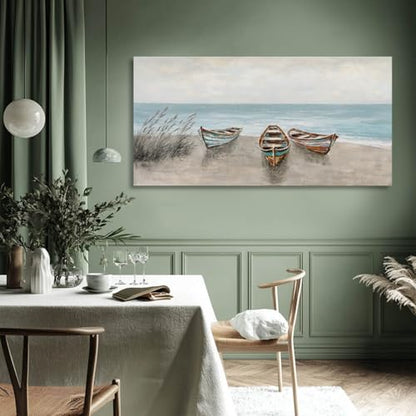 Coastal Boat Canvas Wall Art Beige Blue for Living Room 24x48 Inch - color: Blue and Brown, size: 48"L x 24"W