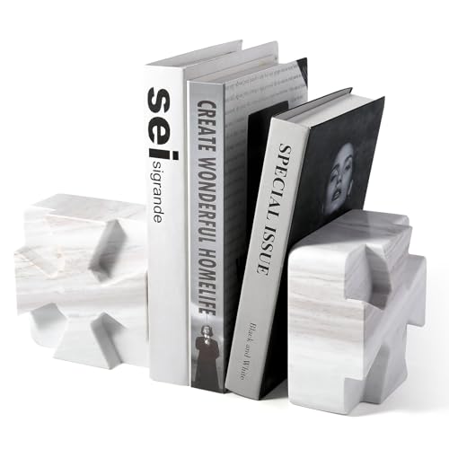 Decorative Square Marble Bookends for Heavy Books – Unique Book Ends for Shelves – Modern Aesthetic Book Holder/Stopper with Non-Slip Pads for Chic Home, Office, or Library Decor, Volakas - style: Square-Volakas