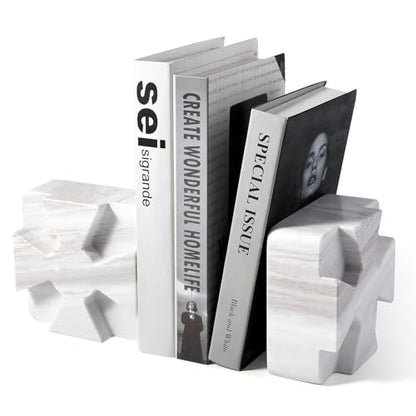 Decorative Square Marble Bookends for Heavy Books – Unique Book Ends for Shelves – Modern Aesthetic Book Holder/Stopper with Non-Slip Pads for Chic Home, Office, or Library Decor, Volakas - style: Square-Volakas