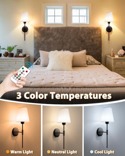 Adetu Battery Operated Wall Sconce Set of 2, Black Wall Sconces