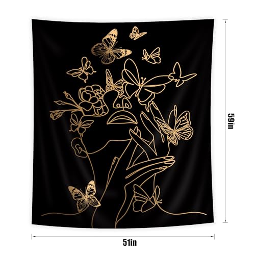 Simple Woman Tapestry Flower Butterfly Line Aesthetic Modern Wall Hanging - color: Black Simple Woman, size: 59"L x 51"W