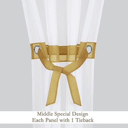 L.Z.E White and Gold Sheer Curtains 84 Inches Long 2 Panels Set for Living Room Dining Room, White Sheer Curtains with Design, Elegant Grommet Transparent Voile Window Curtain Panels - color: Gold, size: 56"W x 84"L (Pack of 2)