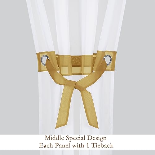 L.Z.E Gold and White Sheer Curtains 108 Inches Long 2 Panels Set for Living Room Bedroom, Extra Long Curtains with Tiebacks Grommet Top Curtain & Drapes (56" W x 108" L Gold) - color: Gold, size: 56"W x 108"L (Pack of 2)