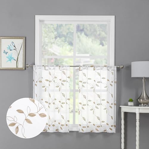 Tollpiz Taupe Leaf Sheer Tier Curtains Kitchen 30 x 24 Inches - color: Taupe, size: 30"W x 24"L (Pack of 2)