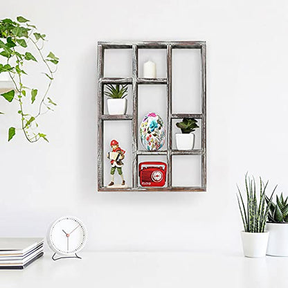MyGift 9 Compartment Wood Shadow Box Display Shelf, Rustic Curio Case - color: Torched Wood