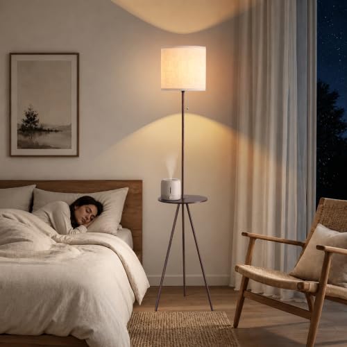 Floor Lamp with Table Attached, Linen Shade, Standing Lamp for Living Room - color: Brown