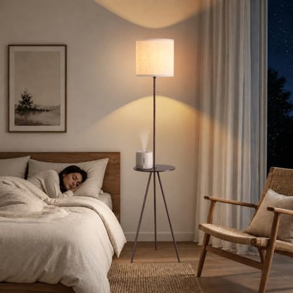 Floor Lamp with Table Attached, Linen Shade, Standing Lamp for Living Room - color: Brown