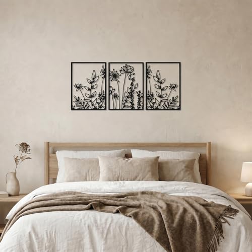 Afcabakila 3 Pcs Black Metal Wall Art Minimalist Wall Decor Modern Minimalist Floral Single Line Living Room Wall Decor Metal Boho Flower for Bedroom Kitchen Bathroom 16.5x11.8 Inch