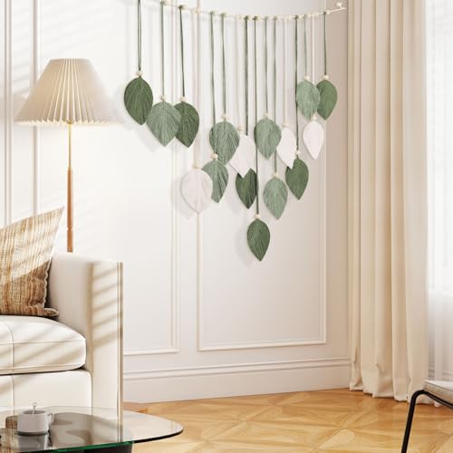 Boho Macrame Leaf Wall Hanging Green Tassel Wall Decor with Wood Beads for Bedroom Living Room Bohemian Home Decor