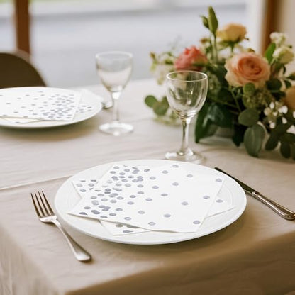 80 Pack of White Paper Cocktail Napkins with Gold Foil Polka Dot Confetti，Polka Dot Party Supplies(5 x 5 in，3-ply) (Silver) - style: Silver Dot