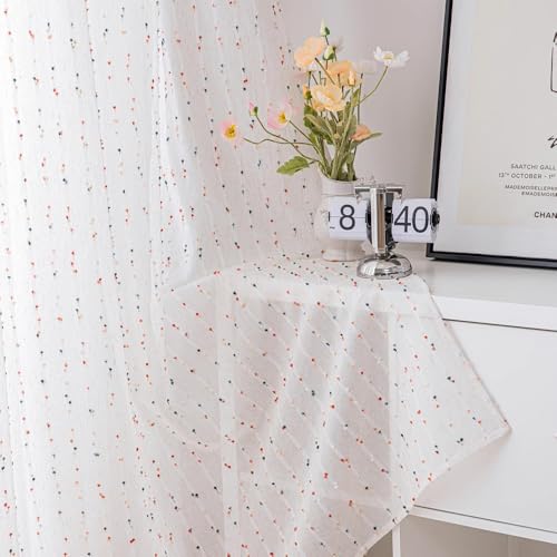 거실용 다채로운 스트라이프 폼폼이 있는 리넨 시어 커튼 - color: 화이트., size: 42"W x 84"L (Pack of 2)