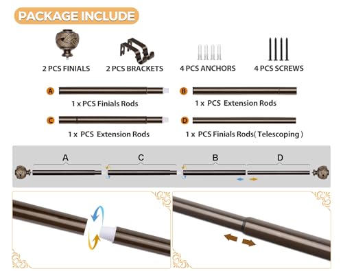 USFOOK Curtain Rods for Windows 32-58 Inch, Bronze, Adjustable Drapery Rod - color: Bronze, size: 32-58"