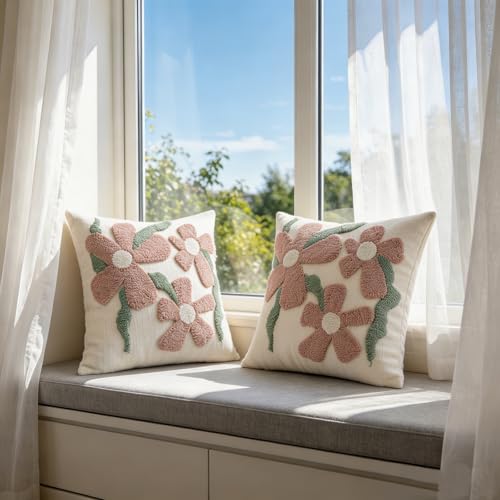 Chenille Embroidered Throw Pillow Covers 18x18 Set of 2, Daisy - color: Pink, size: 18" x 18" (Pack of 2)