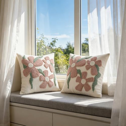 Chenille Embroidered Throw Pillow Covers 18x18 Set of 2, Daisy - color: Pink, size: 18" x 18" (Pack of 2)