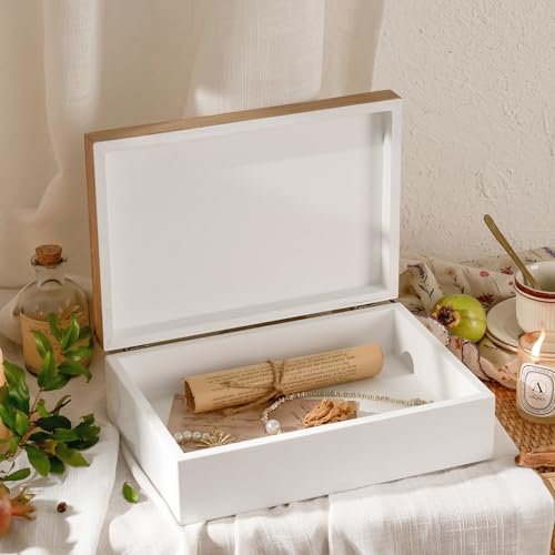 Wooden Keepsake Box - Decorative Floral Wood Boxes with Hinged Lid, Flower Engraved Design, 10.24" W