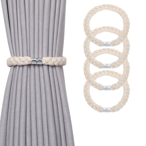 NICEEC 4 Pack Natural Cotton Rope Magnetic Curtain Tiebacks Elegant Twisted Braid Style Drape Tie Backs Soft Hand-Woven Rope Curtain Holdbacks for Home & Office Window Draperies (Beige-01) - color: Beige-01, size: 4 Pack