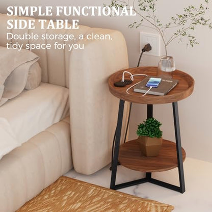 Gadroad Round End Table with Charging Station, Brown - color: Brown, size: 15.75"D x 15.75"W x 23"H (with Charging Station)