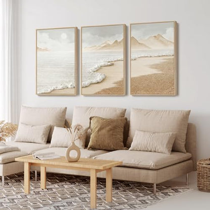 Large Framed Boho Abstract Beach Wall Art for Living Room, 24x36 Inch - color: Neutral, size: 24" W x 36" H x 3Pcs