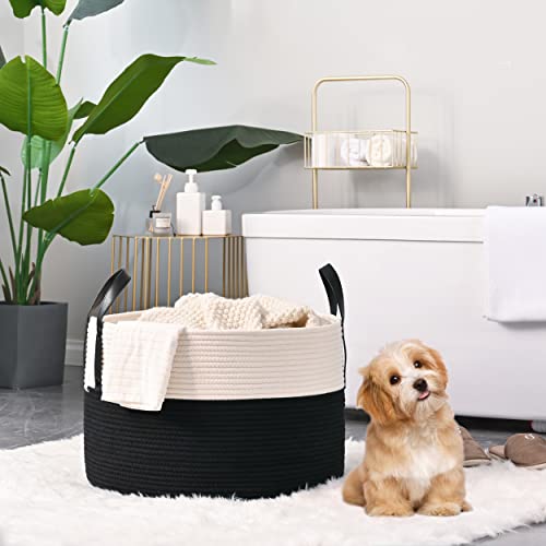 KAKAMAY Large Blanket Basket (20"x13"),Woven Baskets for storage Baby Laundry Hamper, Cotton Rope Blanket Basket for Living Room, Laundry, Nursery, Pillows, Baby Toy chest (White/Black) - color: White and Black