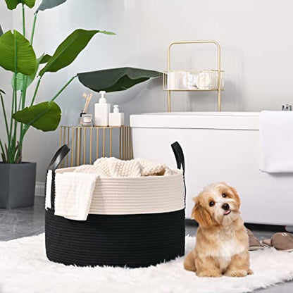 KAKAMAY Large Blanket Basket (20"x13"),Woven Baskets for storage Baby Laundry Hamper, Cotton Rope Blanket Basket for Living Room, Laundry, Nursery, Pillows, Baby Toy chest (White/Black) - color: White and Black