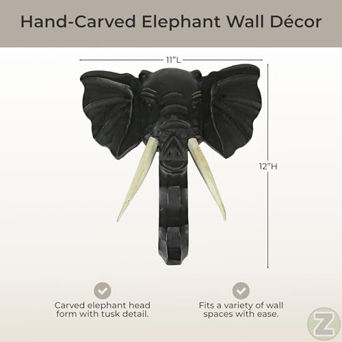 Zeckos Elephant Head Wall Sculpture, 12 Inch Hand-Carved Black Wood