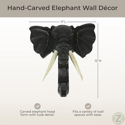 Zeckos Elephant Head Wall Sculpture, 12 Inch Hand-Carved Black Wood