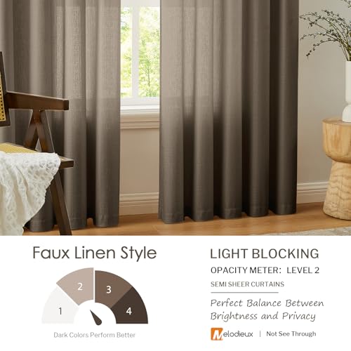 Melodieux Brown Semi Sheer Curtains 63 Inch Length for Living Room, Linen Rustic Bedroom Privacy Window Grommet Sheer Drapes, 52 by 63 Inch, 2 Panels - color: Brown, size: 52"W x 63"L (Pack of 2)