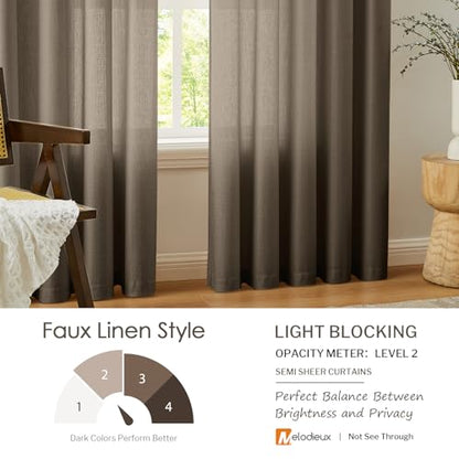 Melodieux Brown Semi Sheer Curtains 63 Inch Length for Living Room, Linen Rustic Bedroom Privacy Window Grommet Sheer Drapes, 52 by 63 Inch, 2 Panels - color: Brown, size: 52"W x 63"L (Pack of 2)