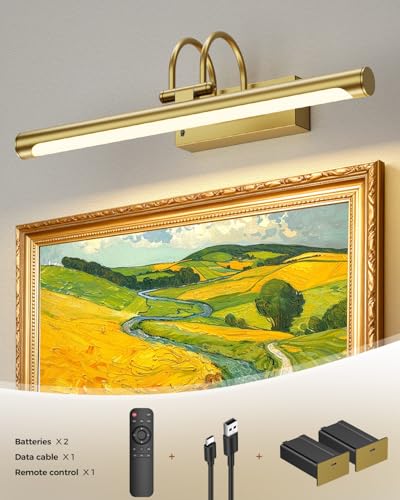 Battery Operated Picture Light with Remote, 15.7″ Wireless Wall Light for Artwork & Frames, Rechargeable LED Gallery Lamp, Dimmable with Timer, Adjustable Metal Design, Electroplated Gold Finish - color: Battery Operated-Brass, size: 15.7 Inch