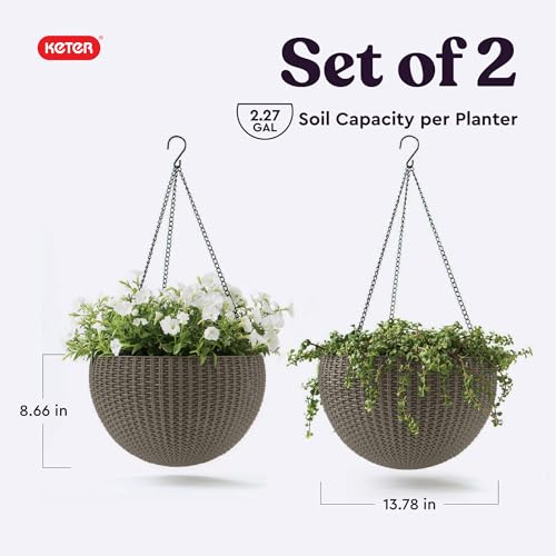 Keter Resin Rattan Set of 2 Round Hanging Planter Baskets for Indoor and Outdoor Plants-Perfect for Porches and Patio Decor, Cappuccino - color: Taupe
