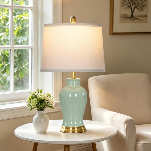 Green Ceramic Lamps Set of 2, Bedroom Lamp with Ginger Jar Design - color: Green