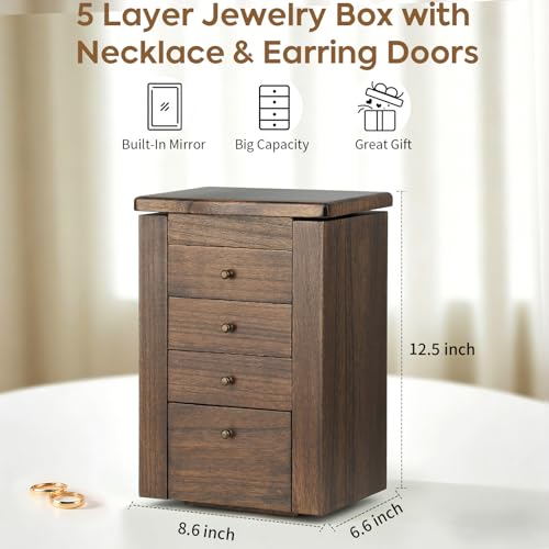 Meangood Jewelry Box Jewelry Organizer, 5-Layer Wooden Jewelry Organizers and Storage Boxes for Women Girls, Ring Earring Bracelet Necklace Holder Organizer with Mirror & Drawers (Walnut) - color: Walnut, size: 3-Drawer