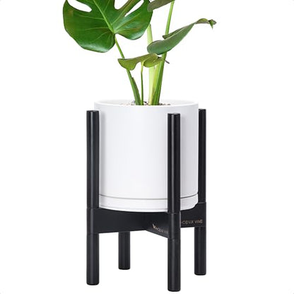 D'vine Dev Ceramic Pot with Ebony Wood Stand, White, 8 in, 55-B-M-1 - color: White Pot + Ebony Stand, size: 8 Inch