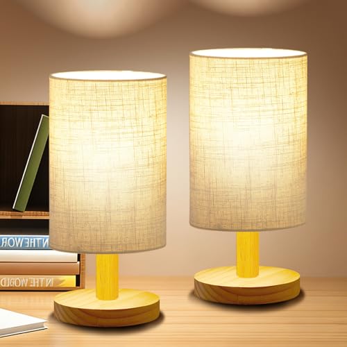 Small Table Lamp for Bedroom - Inline Control, Bedside Lamp for Warm Light LED Desk Lamp, Wood Base Round Flaxen Fabric Shade for Kids Room, Living Room, College Dorm (Inline Control -2 Pack) - color: Inline Control -2 Pack