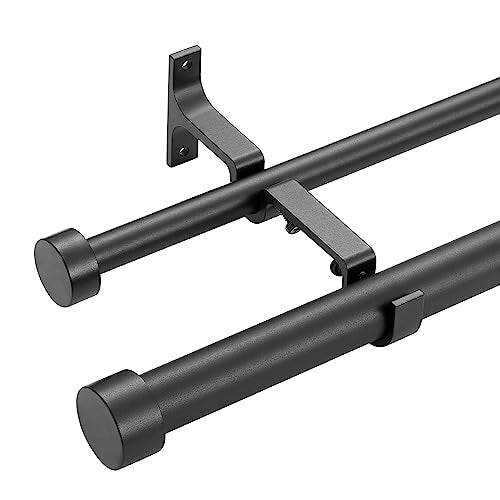 Double Curtain Rods for Windows 72-144 Inches, 1'' Front and 5/8''Back Double Drapery Rods with Premium Aluminum Brackets and End Cap Finials, Adjustable Matte Black Double Window Curtain Rod - color: Matte Black, size: 72-144"