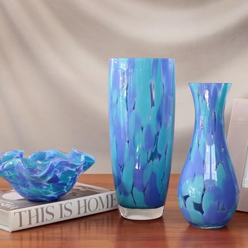 Murano Style Art Glass Bowl Hand Blown Blue Confetti Effect Home Decor - color: Blue Waved