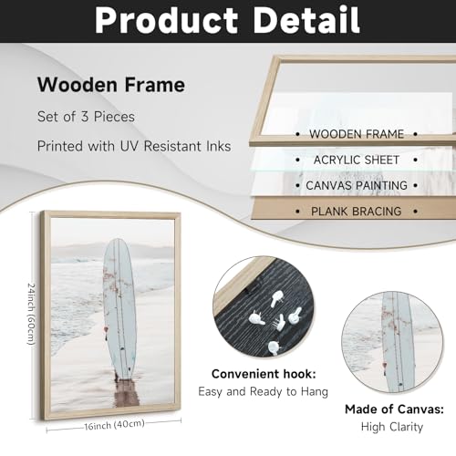 Beach Coastal Wall Art Pictures Beachy Ocean Canvas Wall Decor Surf Aesthetic Wall Art Surfboard Beach Painting Poster Coastal Ocean Artwork Prints for Bathroom Room 16x24 Inch Unframed Set of 3 - color: Sea Surfboard Prints, size: 16x24 Inch