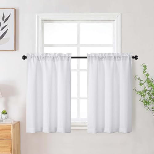 White Kitchen Curtains Tier 36 Inch Length 2 Panels, Faux Linen Textured Light Filtering Short Curtains Drapes for Bathroom Basement Half Window, Rod Pocket Design, White, Each 30Wx36L Inch - color: White, size: 30"W x 36"L (Pack of 2)