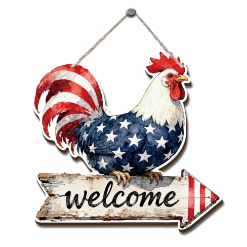 Independence Day Decor, American Flag Rooster Welcome Signs, Hanging Wood Sign Home Decorative, Printed Wood Wall Art Signs, Welcome Sign for Front Door, Farmhouse Porch Decor, 10x9.8 Inches - color: Farm 10