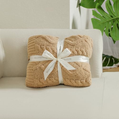Premium Minky Throw Blanket, Soft Plush Lightweight Cozy Touch - color: Cable Knit Camel, size: Kids(40″x50″)