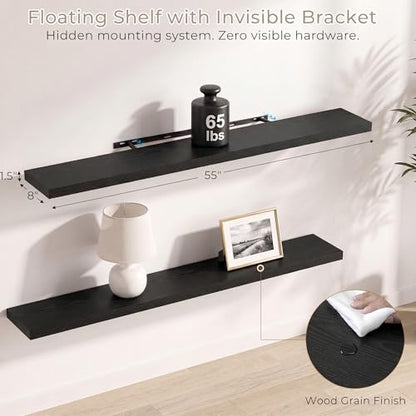 Vivelove Black Floating Shelves 8 Inch Deep, 55 x 8 Inch, Set of 2 - color: Black, size: 55"Wx8"Dx1.4"H