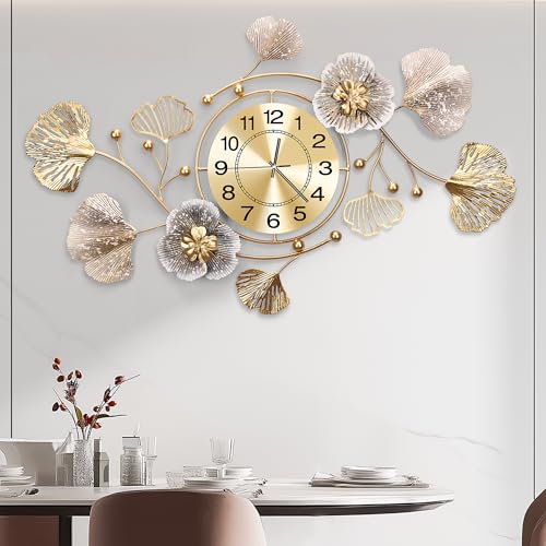 47" Modern Farmhouse Large Decorative Wall Clock, Ginkgo Metal Art - color: Retro Coffee Color, size: 47 x 23 inches