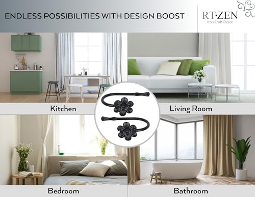 RTZEN Decorative Metal Curtain Tiebacks - Farmhouse Wrought Iron Curtain Holdbacks - Drapery Holders for Wall - Unique Metal Tie Backs for Curtains - 2 Pcs (Black Flower) (Pack of 2) - size: Medium (Pack of 2), style: Flower