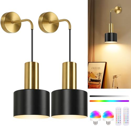 VerRon Rechargeable Wireless Battery Operated Wall Sconces Set of Two - color: Black & Gold with White, size: Rechargeable Battery Powered