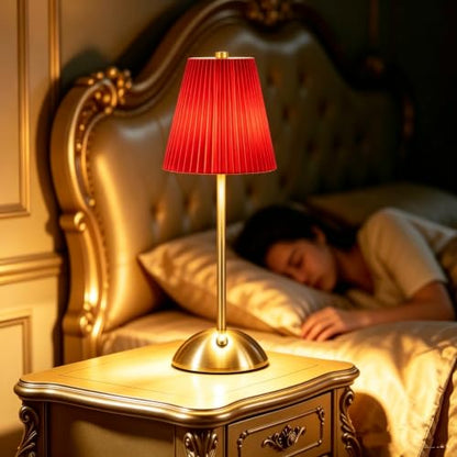 Gold Cordless LED Table Lamps, Red Fabric Shade Desk Lamps（Red - color: Red